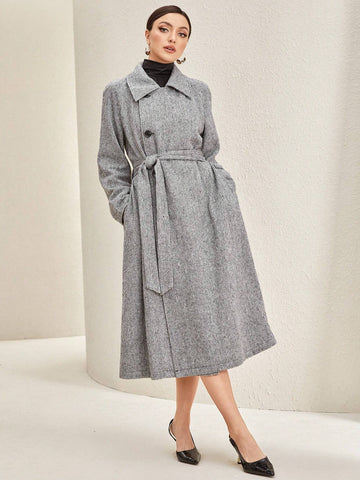 Mulvari Ladies' Belted Coat With Single Breasted Button Shein