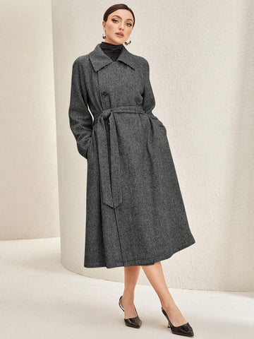 Mulvari Ladies' Belted Coat With Single Breasted Button Shein