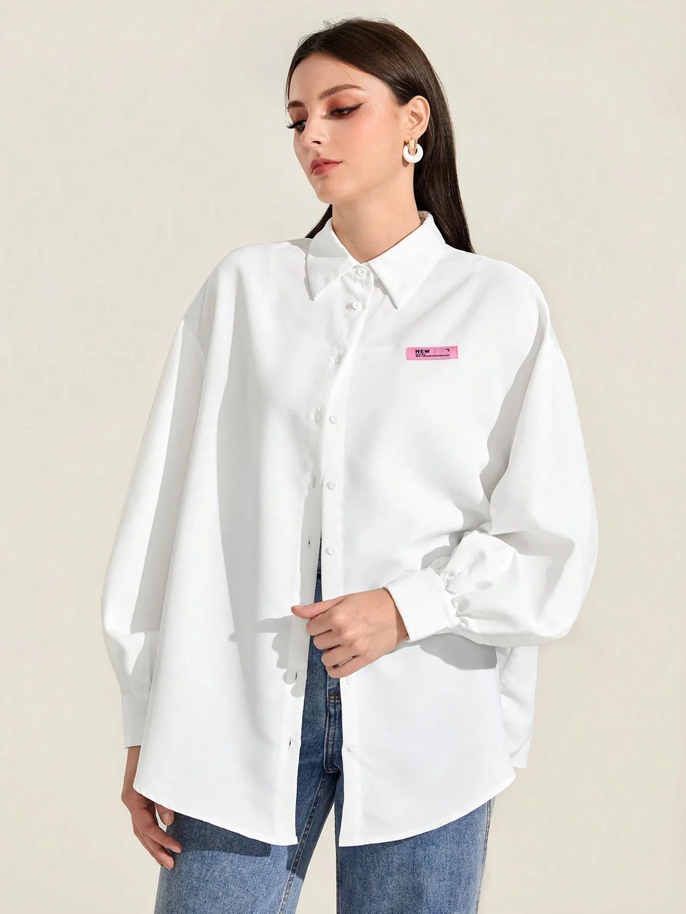 Mulvari Lantern Sleeve Solid Shirt Shein