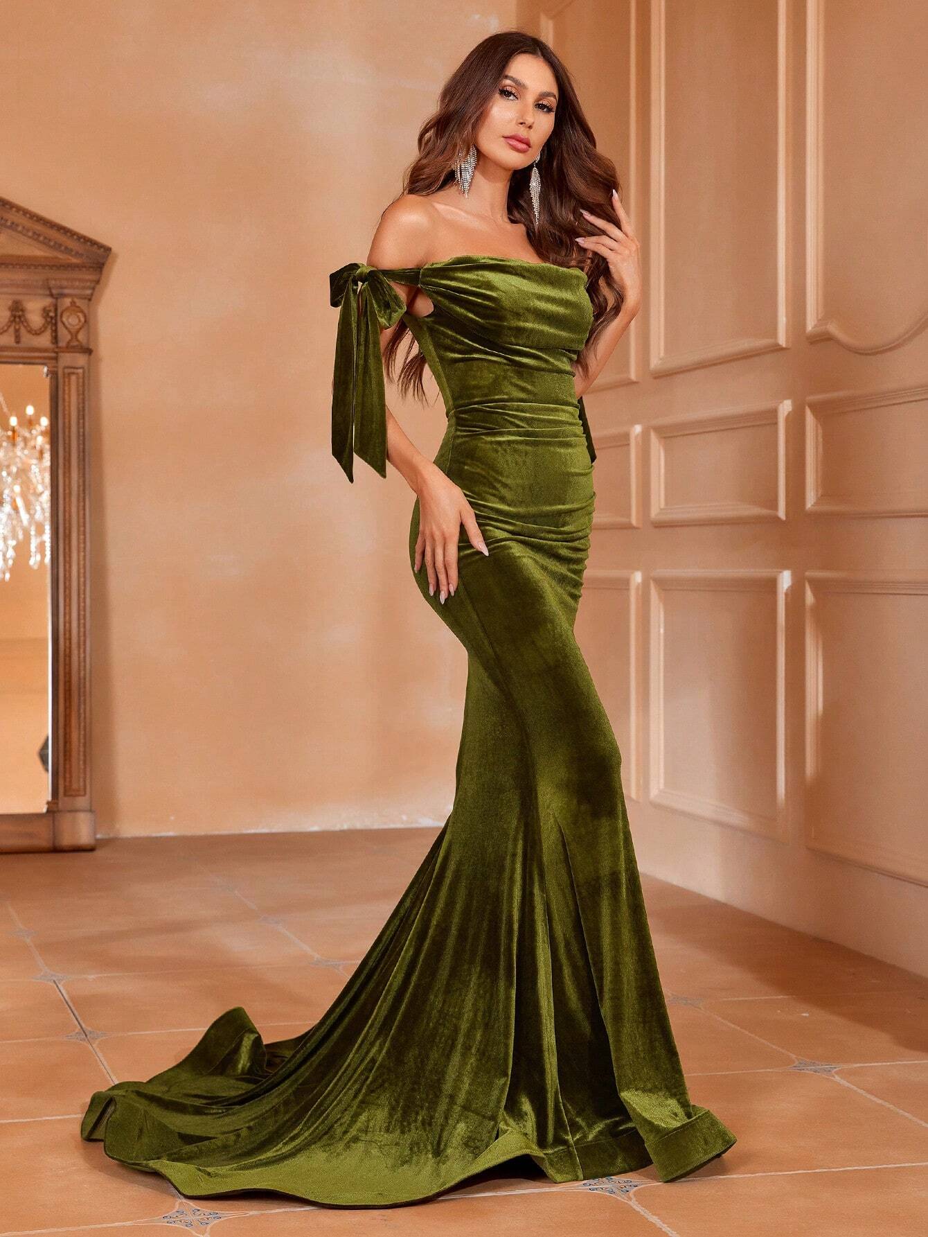Off Shoulder Knot Detail Floor Length Velvet Formal Dress Shein