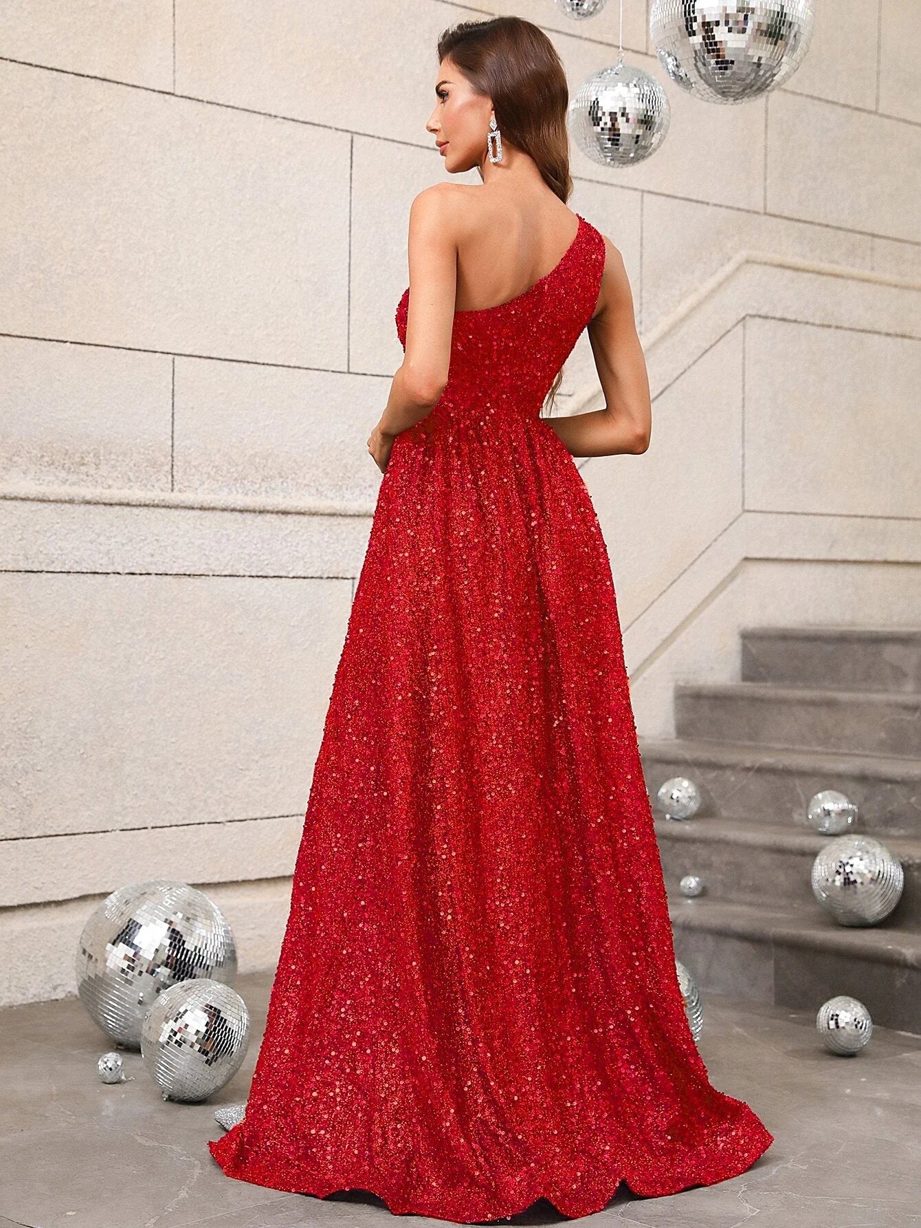 One Shoulder Split Thigh Sequin Formal Dress Shein