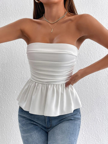 PETITE Ruched Backless Peplum Tube Top Shein