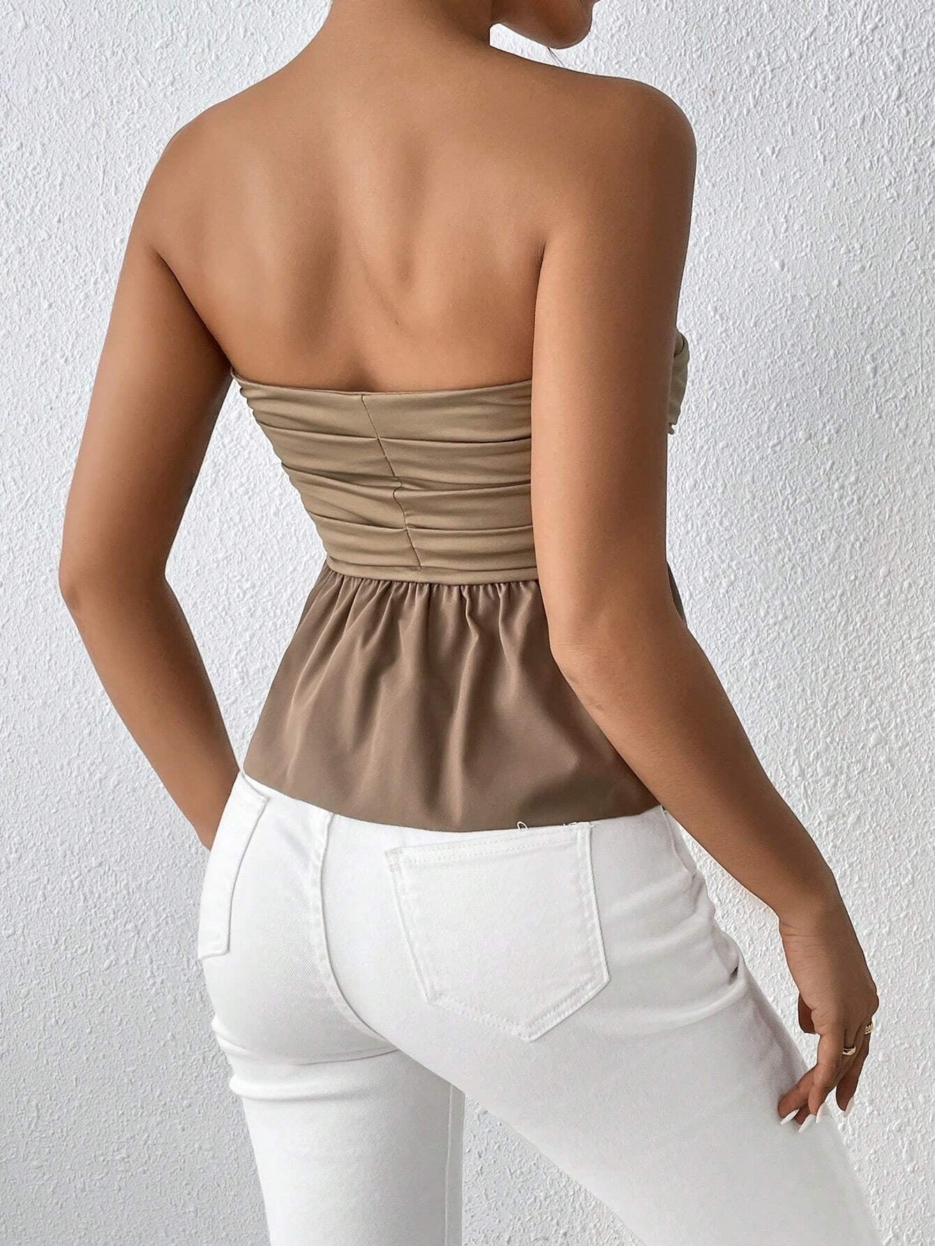 PETITE Ruched Backless Peplum Tube Top Shein