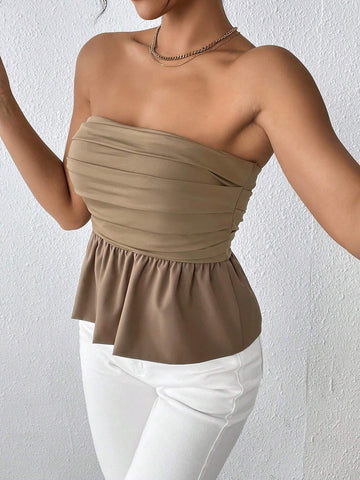 PETITE Ruched Backless Peplum Tube Top Shein