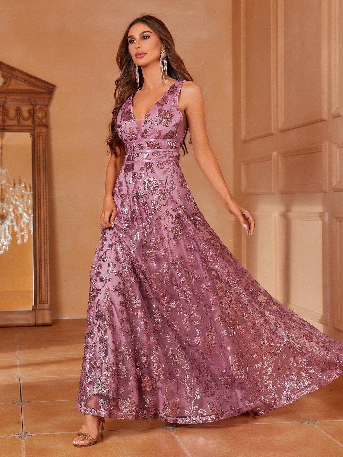 Plunging Neck Sequin Decor Formal Dress Shein