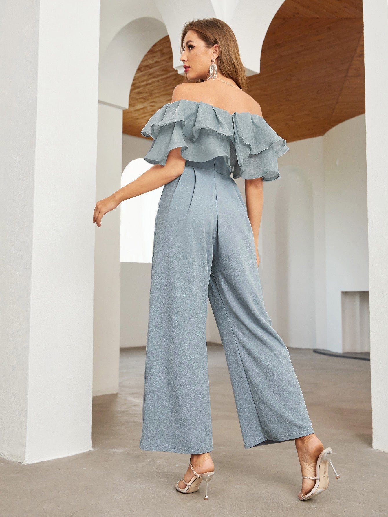 Privé Off Shoulder Layered Ruffle Detail Palazzo Jumpsuit shein