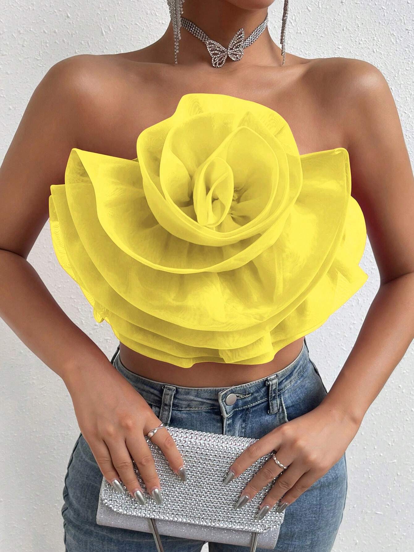 Privé Flower Decor Crop Tube Top Shein