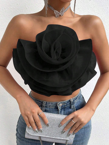 Privé Flower Decor Crop Tube Top Shein