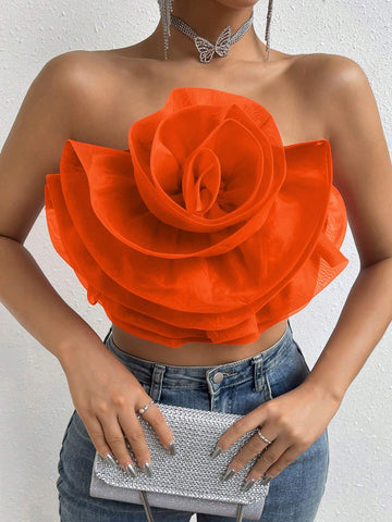 Privé Flower Decor Crop Tube Top Shein