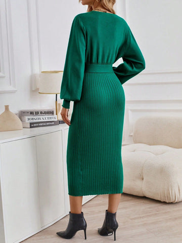 Privé Lantern Sleeve Belted Sweater Dress Shein