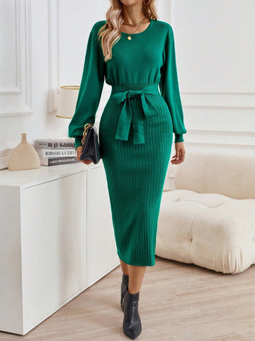 Privé Lantern Sleeve Belted Sweater Dress Shein