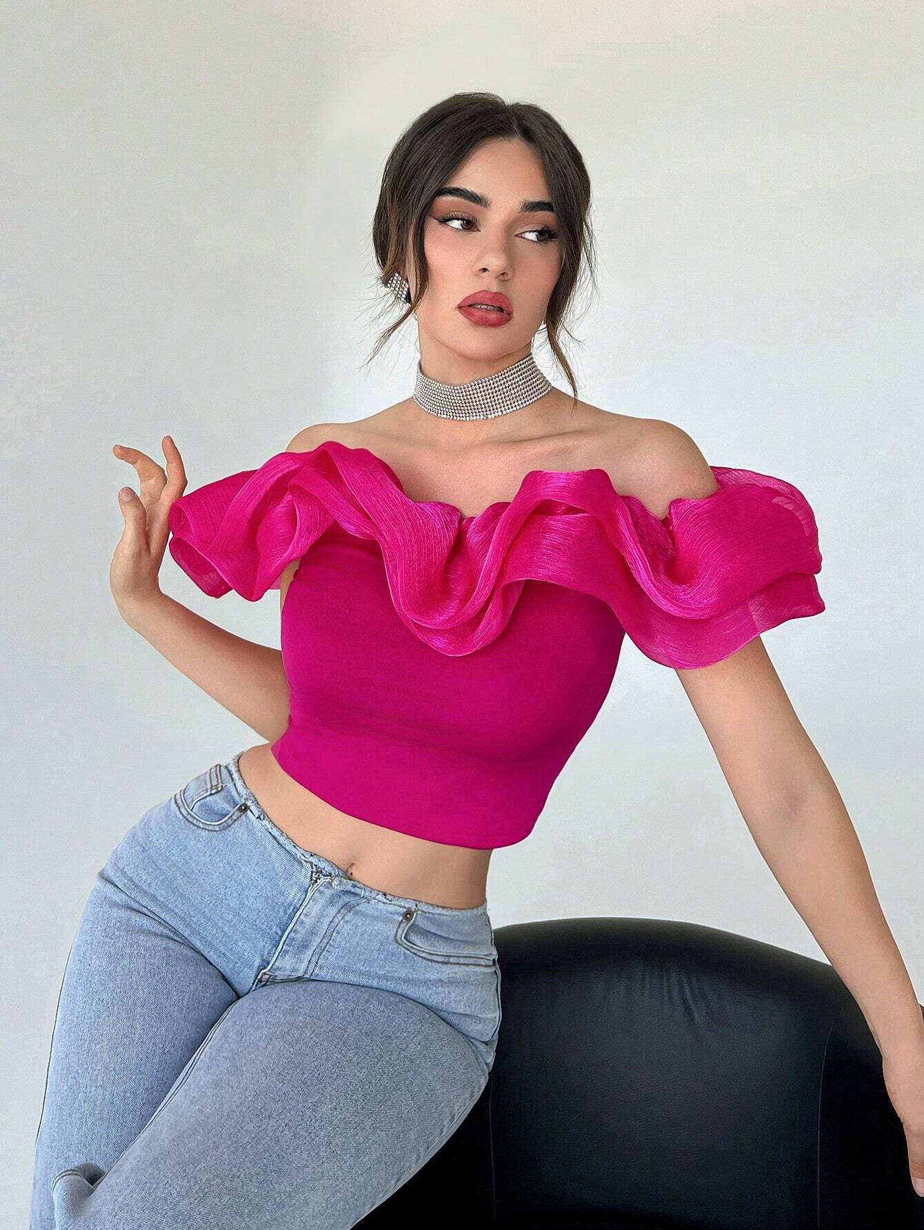 Privé Off Shoulder Ruffle Trim Crop Top Shein