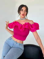 Privé Off Shoulder Ruffle Trim Crop Top Shein