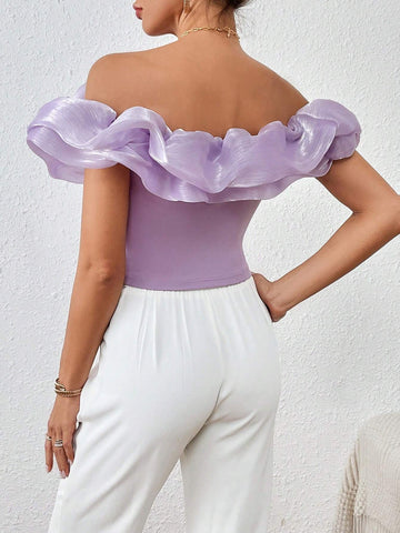 Privé Off Shoulder Ruffle Trim Crop Top Shein