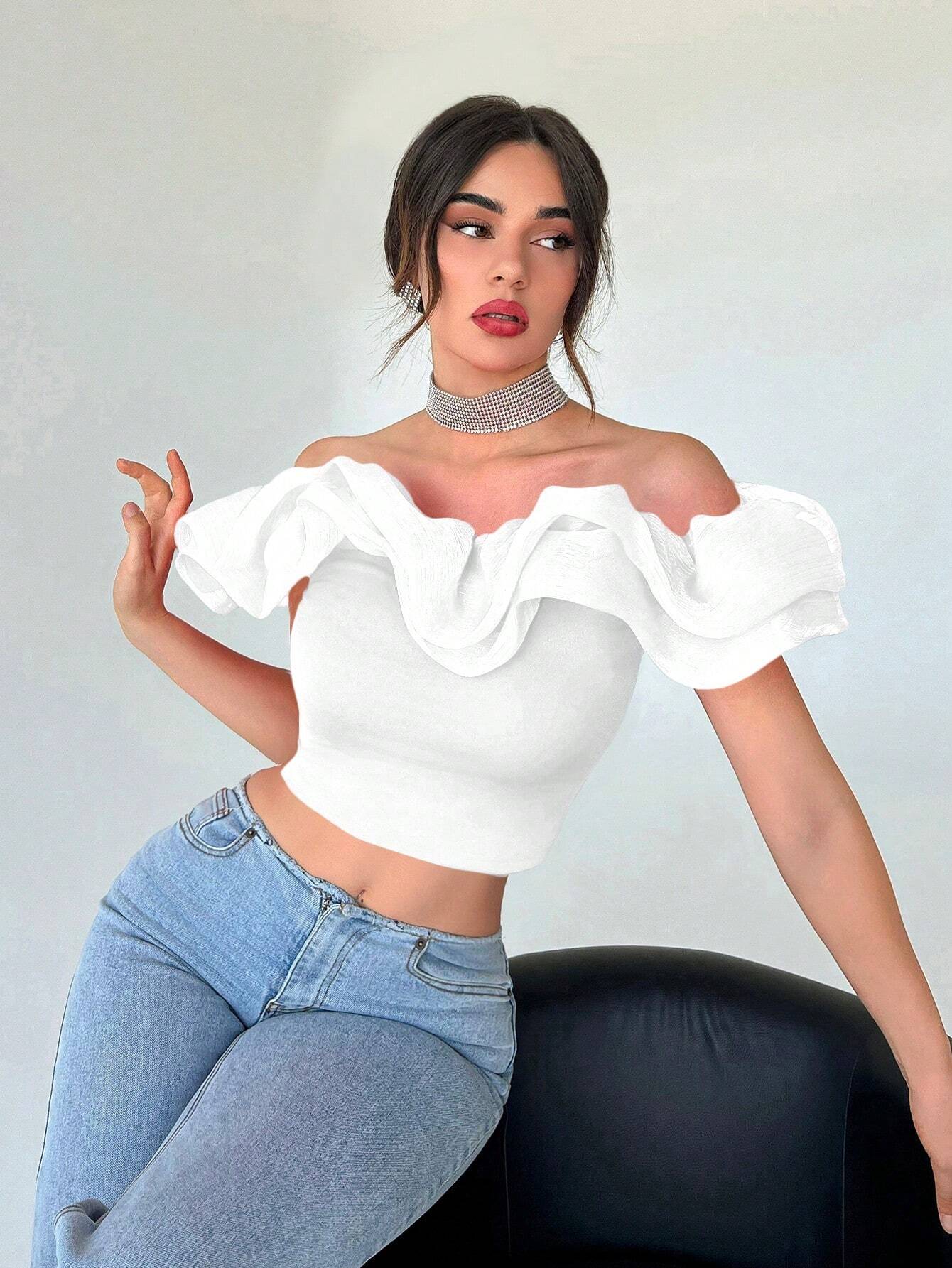 Privé Off Shoulder Ruffle Trim Crop Top Shein