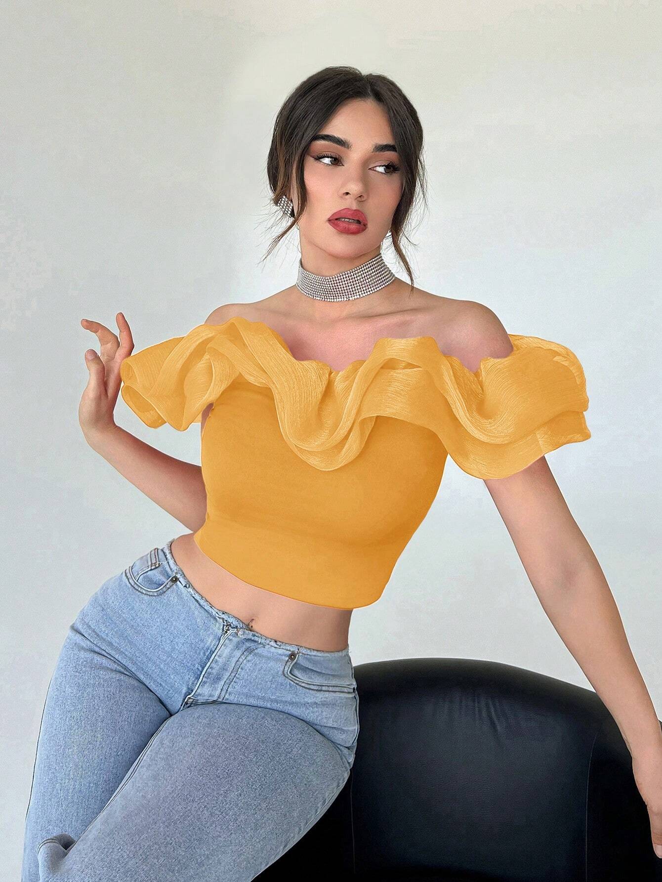 Privé Off Shoulder Ruffle Trim Crop Top Shein