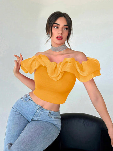 Privé Off Shoulder Ruffle Trim Crop Top Shein