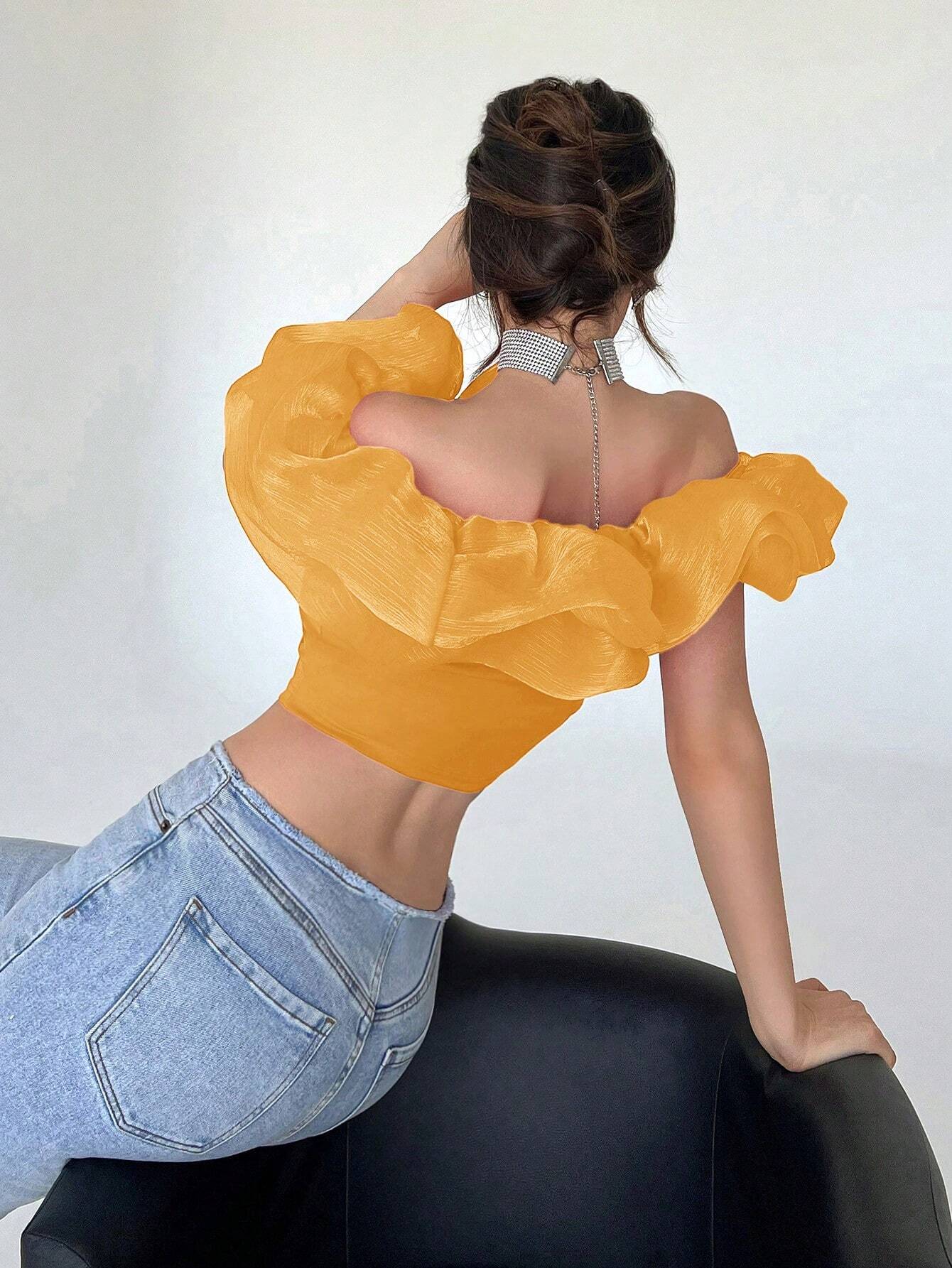 Privé Off Shoulder Ruffle Trim Crop Top Shein