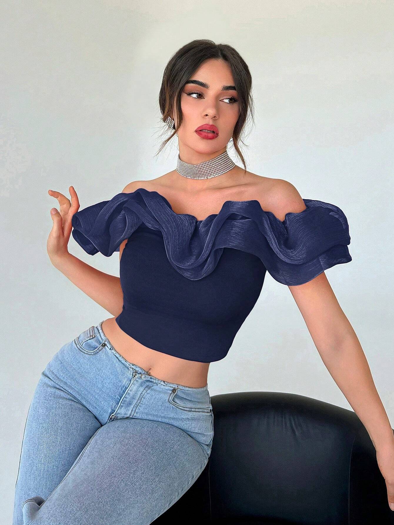 Privé Off Shoulder Ruffle Trim Crop Top Shein