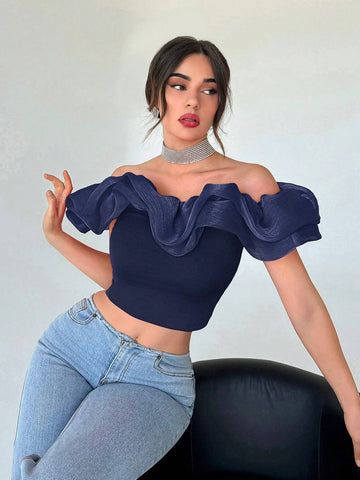 Privé Off Shoulder Ruffle Trim Crop Top Shein