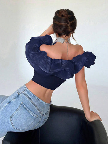 Privé Off Shoulder Ruffle Trim Crop Top Shein