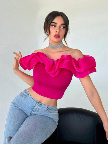 Privé Off Shoulder Ruffle Trim Crop Top Shein