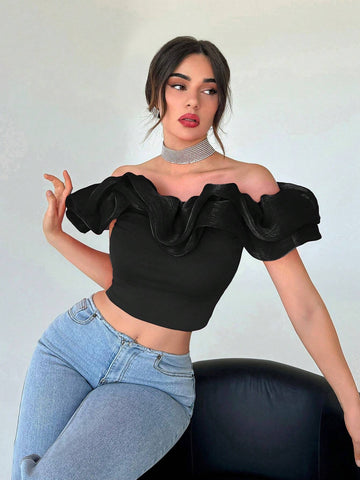 Privé Off Shoulder Ruffle Trim Crop Top Shein