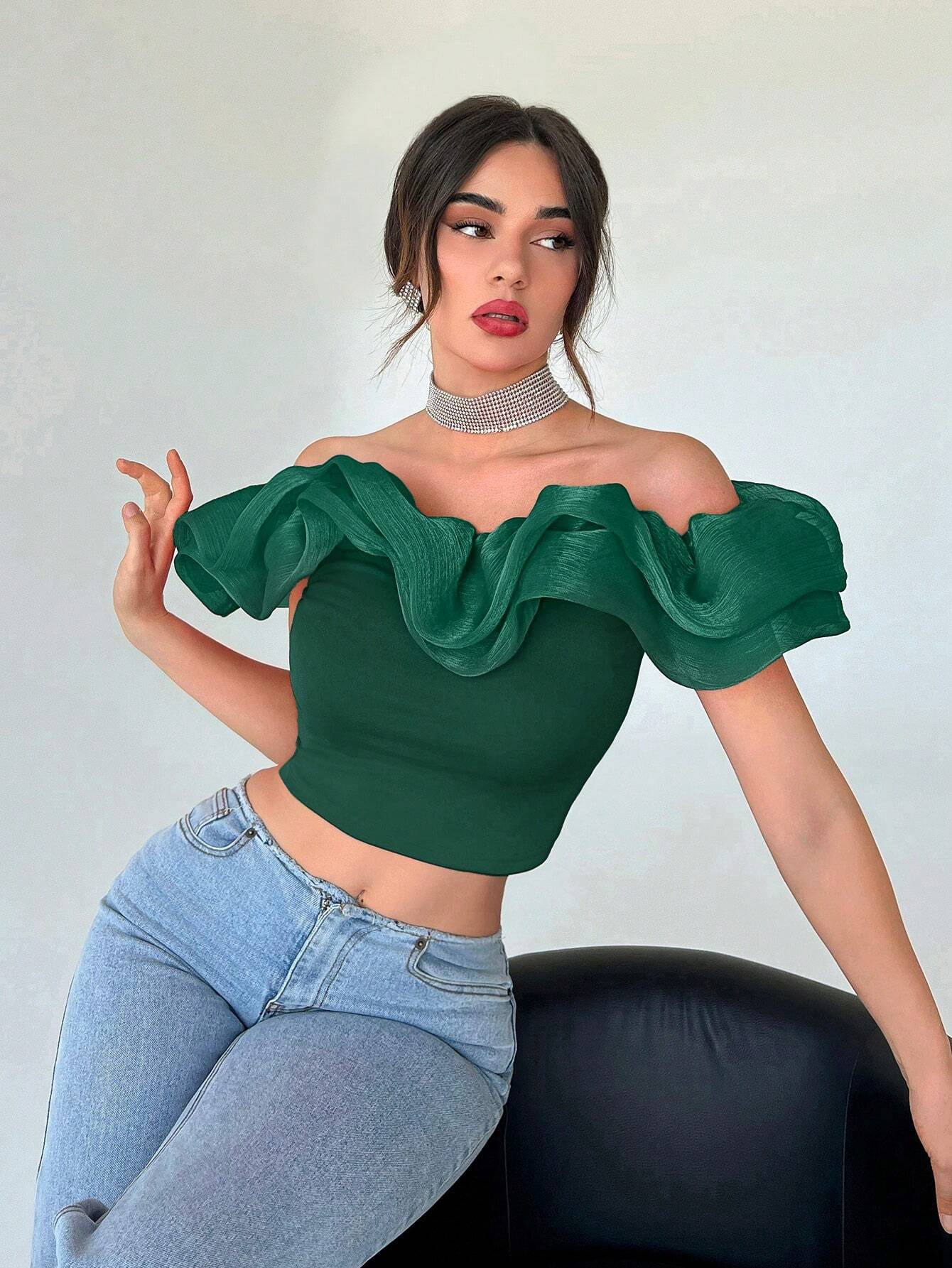 Privé Off Shoulder Ruffle Trim Crop Top Shein