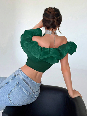 Privé Off Shoulder Ruffle Trim Crop Top Shein