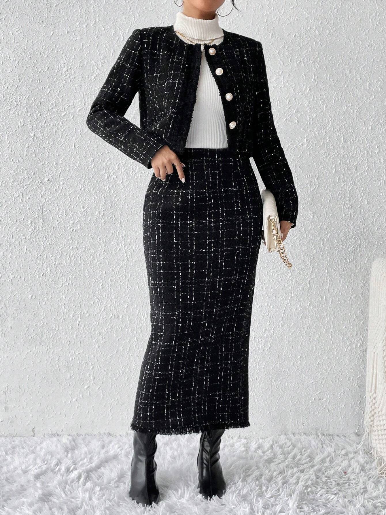 Privé Plaid Tweed Jacket & Skirt Shein