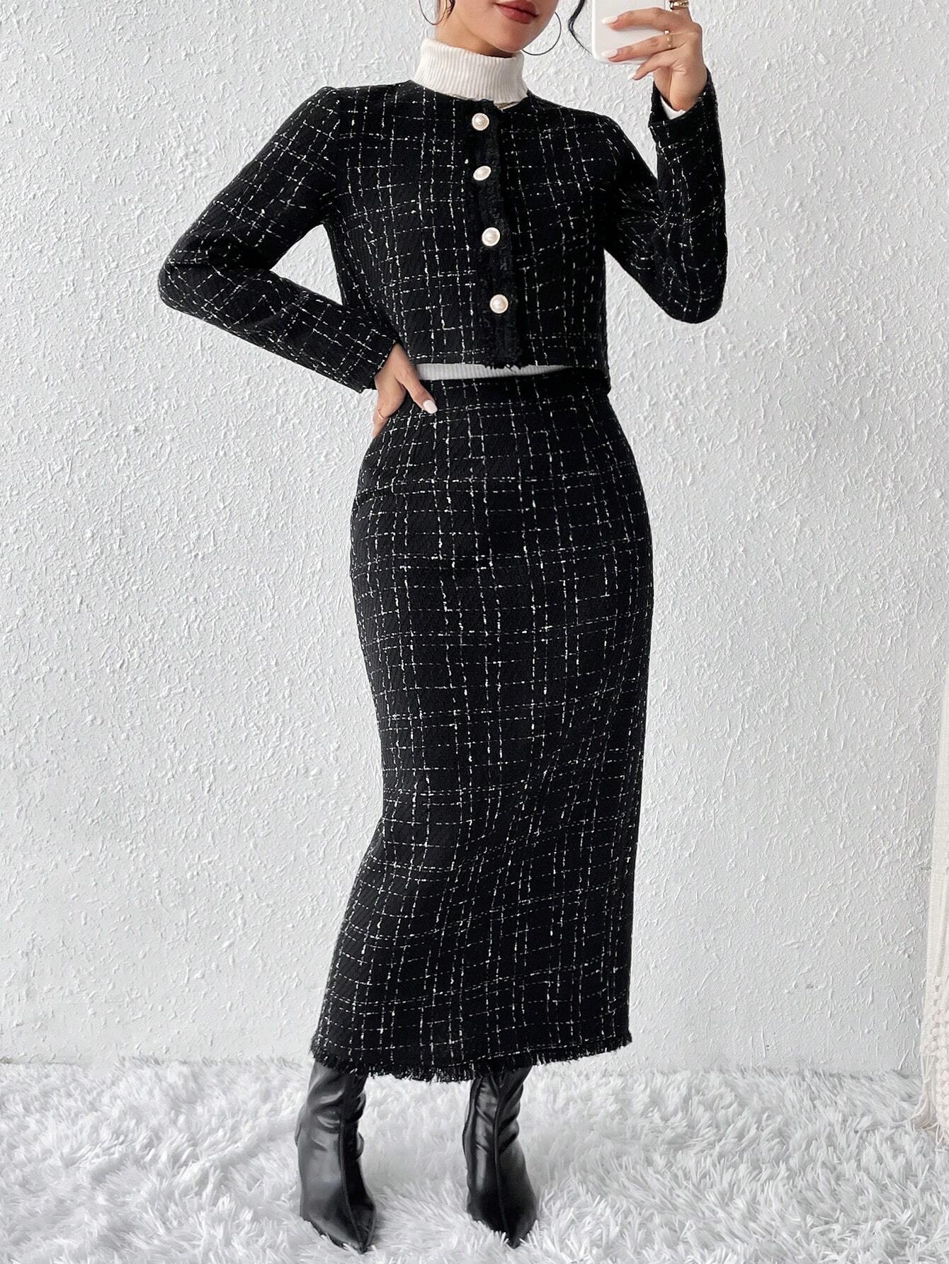 Privé Plaid Tweed Jacket & Skirt Shein