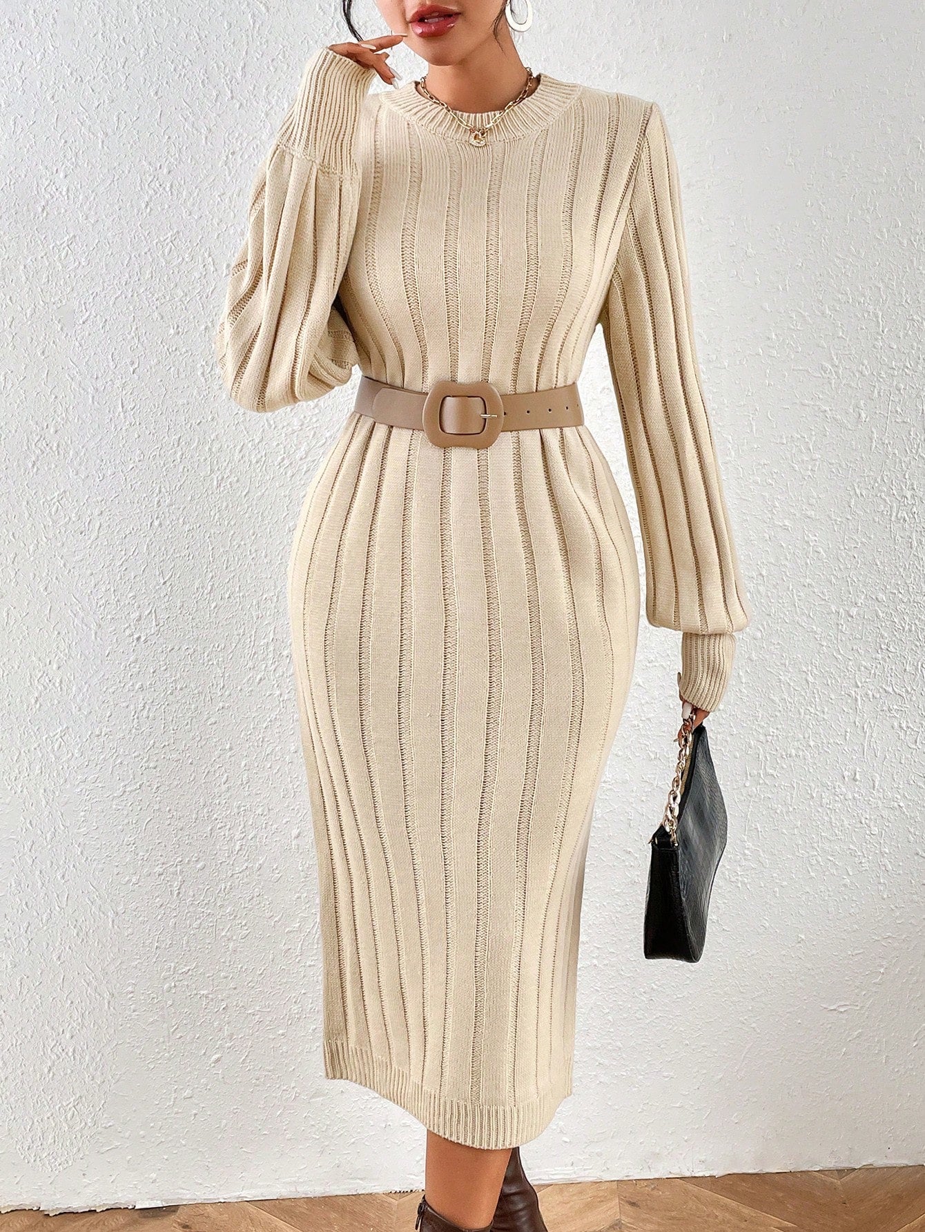 Privé Solid Ribbed Knit Sweater Dress Without Belt Shein