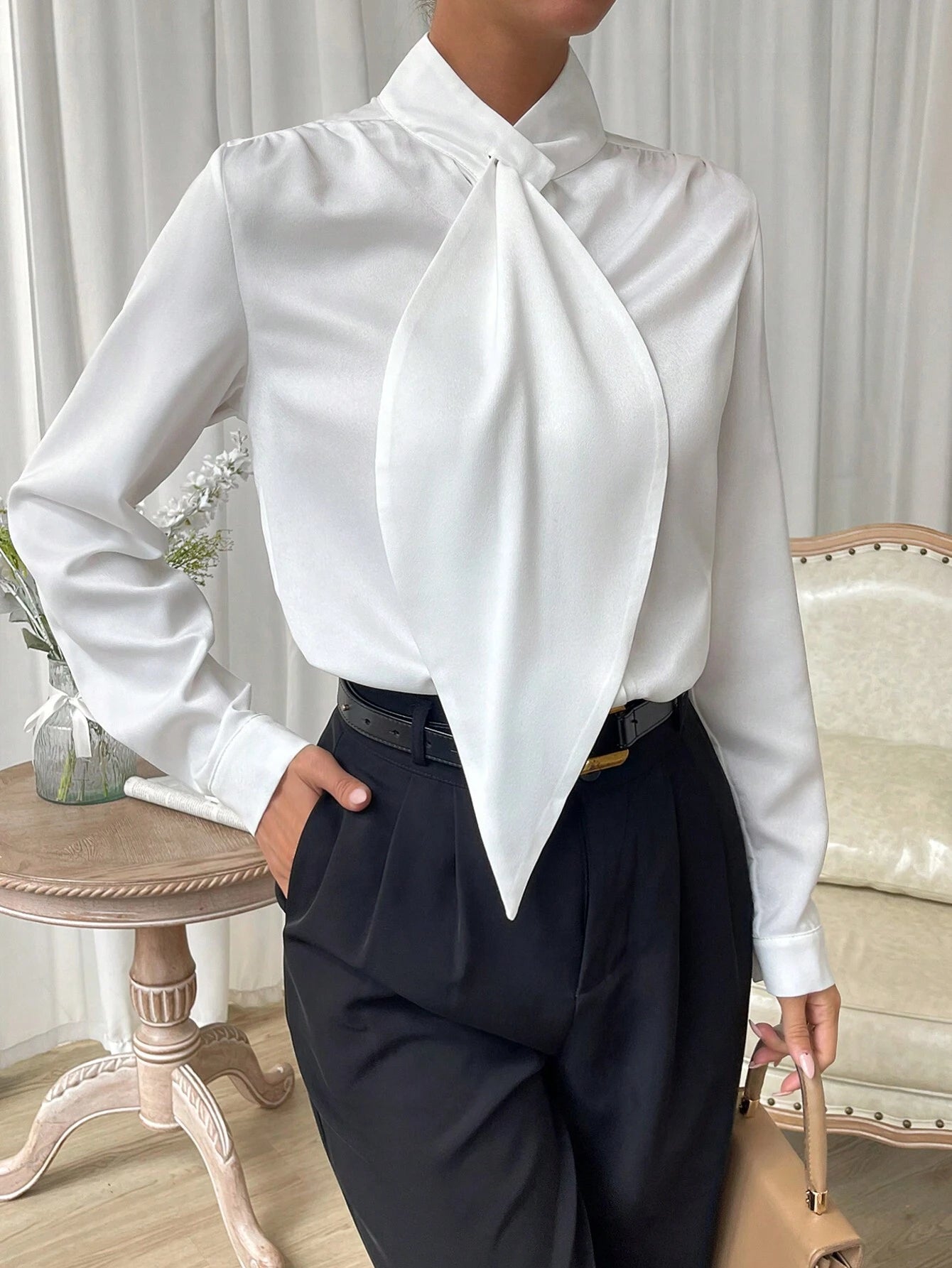 Privé Solid Tie Neck Blouse Shein