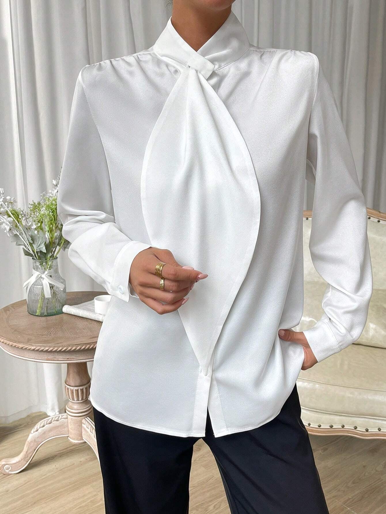 Privé Solid Tie Neck Blouse Shein