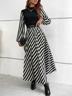Privé Striped Mock Neck Lantern Sleeve Dress Without Belt Shein