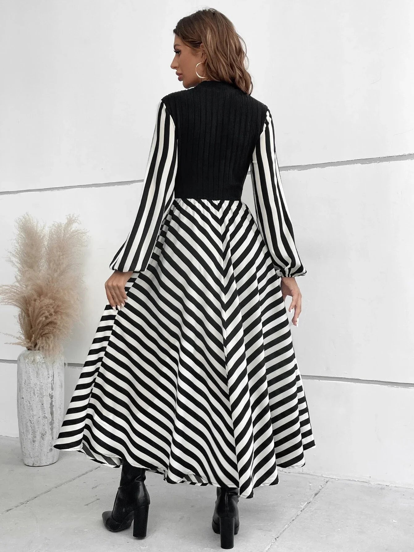 Privé Striped Mock Neck Lantern Sleeve Dress Without Belt Shein