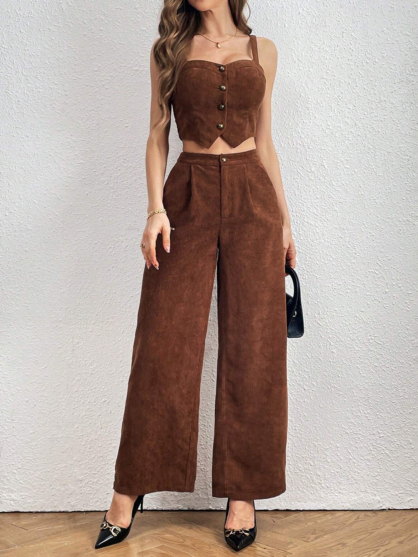 Privé Women's Corduroy Button Up Camisole Top And Wide Leg Pants Shein