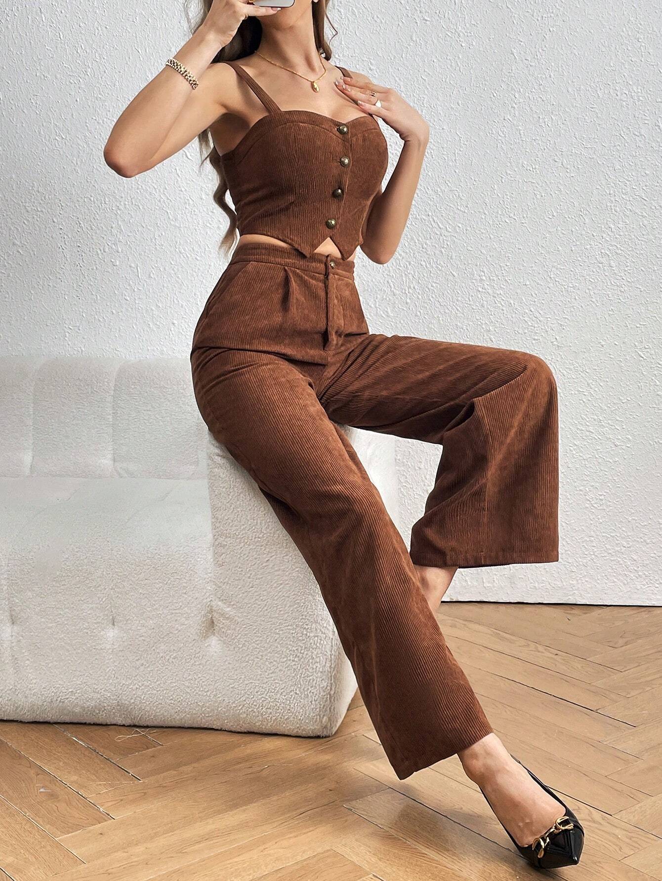 Privé Women's Corduroy Button Up Camisole Top And Wide Leg Pants Shein