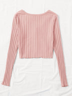 Qutie Button Front Lettuce Trim Rib-knit Tee Shein