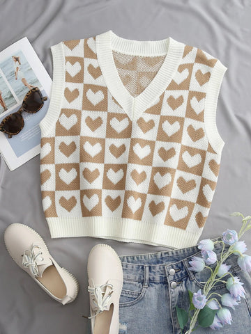 Qutie Heart & Checker Pattern Sweater Vest Shein