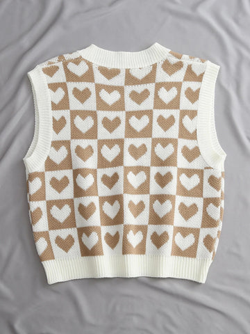 Qutie Heart & Checker Pattern Sweater Vest Shein