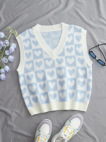 Qutie Heart & Checker Pattern Sweater Vest Shein