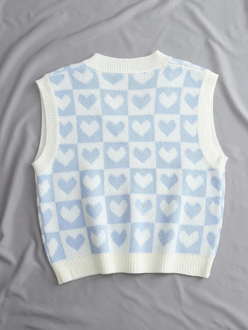 Qutie Heart & Checker Pattern Sweater Vest Shein