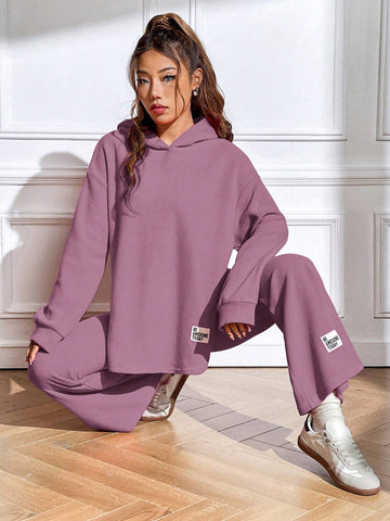 Qutie Letter Patched Drop Shoulder Hoodie & Flare Leg Pants Shein