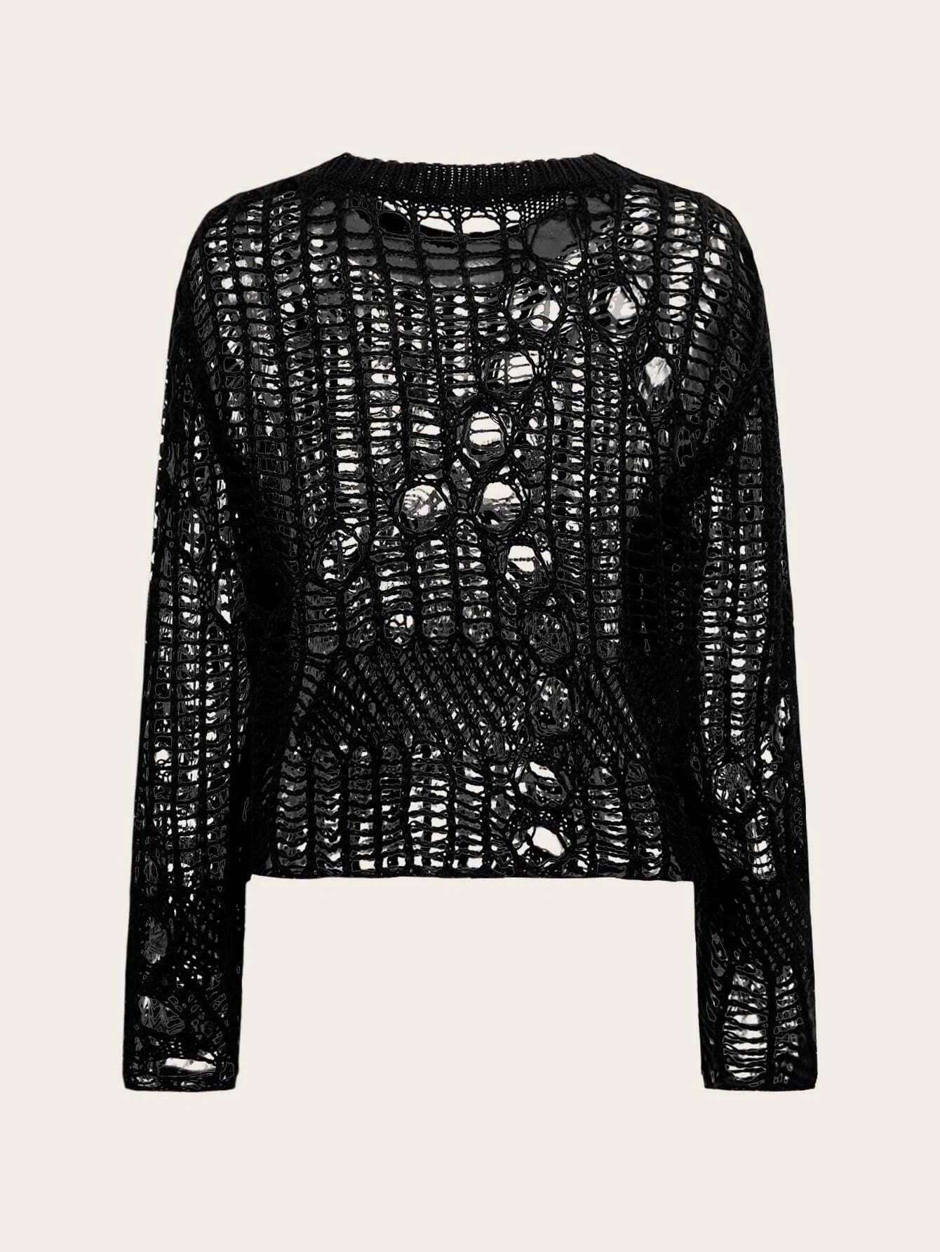 ROMWE Goth Solid Sheer Hollow Out Sweater Shein