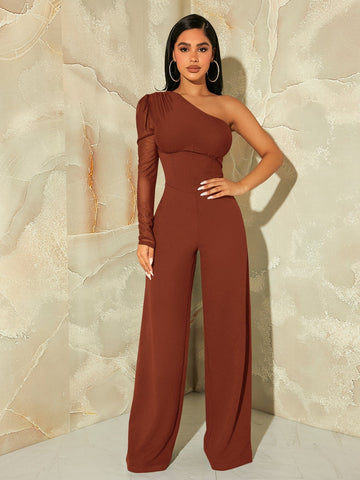 SXY One Shoulder Contrast Mesh Puff Sleeve Jumpsuit shein