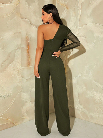 SXY One Shoulder Contrast Mesh Puff Sleeve Jumpsuit shein