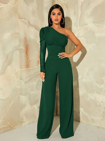 SXY One Shoulder Contrast Mesh Puff Sleeve Jumpsuit shein