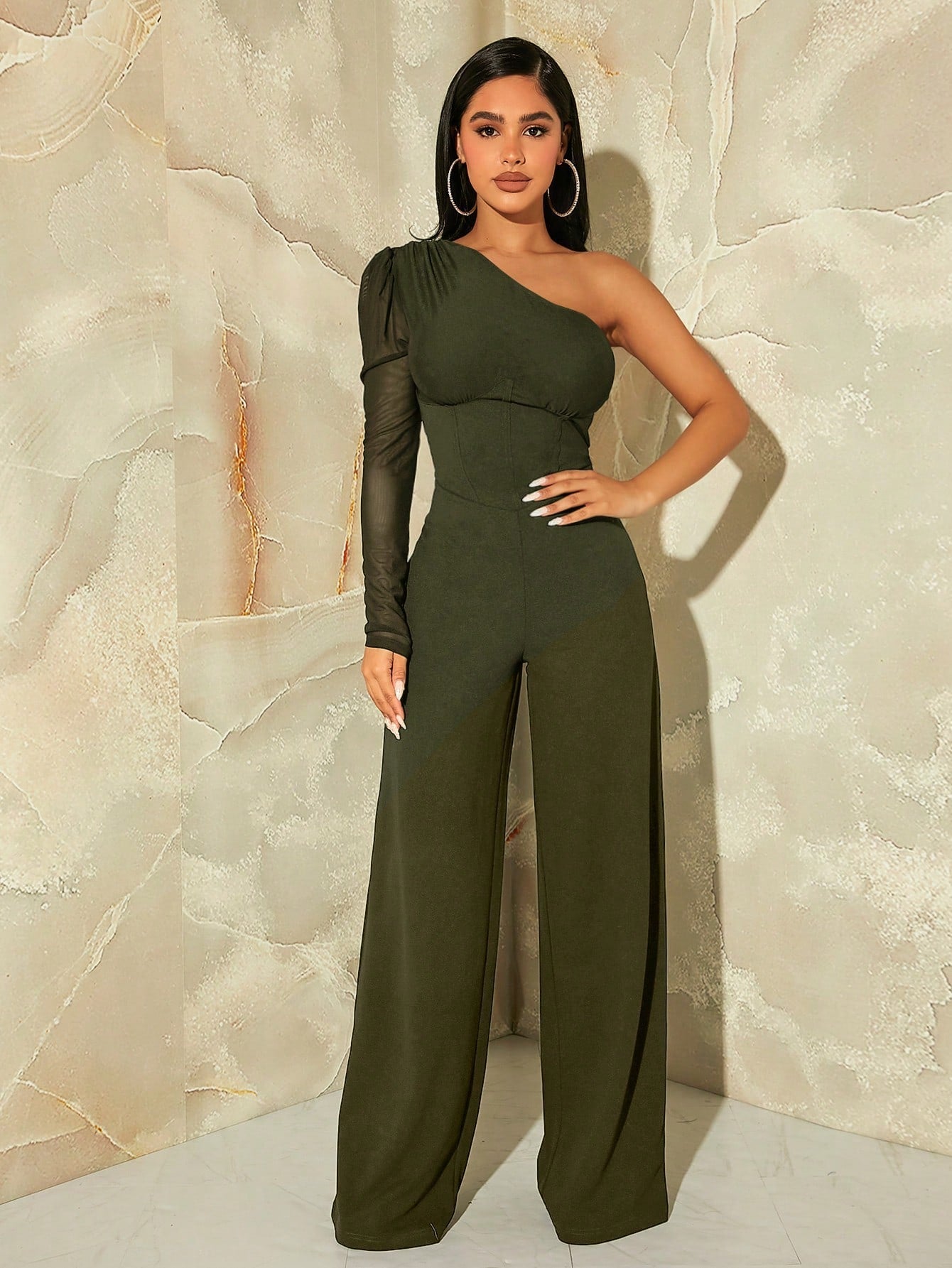 SXY One Shoulder Contrast Mesh Puff Sleeve Jumpsuit shein