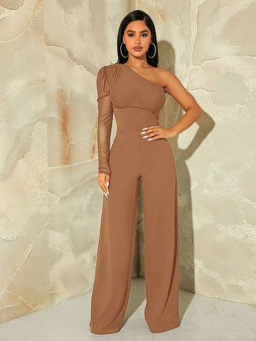 SXY One Shoulder Contrast Mesh Puff Sleeve Jumpsuit shein